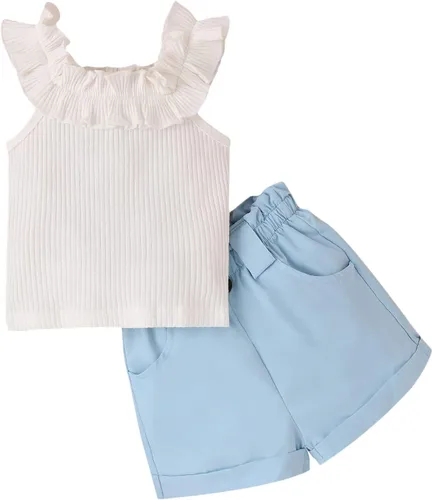 Vista 98 de TheFound Trajes de verano para niñas pequeñas, sin mangas, de punto acanalado, halter, pantalones cortos, ropa para recién nacidos, conjunto de 3