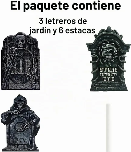 Vista 7 de Letreros de patio de lápida de Halloween de 17 pulgadas con estacas - Marcadores de césped - Paquete de 3
