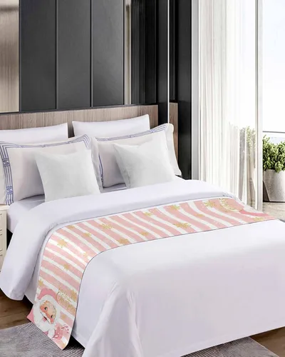 Vista 4 de Camino de cama de Navidad de Papá Noel rosa para cama de tamaño individual, manta decorativa de Navidad para pie de cama, protector de ropa de cama
