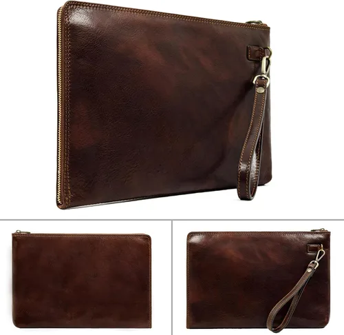 Vista 4 de Bolso de mano de cuero para hombre, organizador de muñeca, maletín hecho a mano en Italia, resistencia al tiempo, Marrón