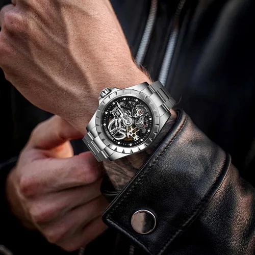 Vista 7 de BODERRY Reloj mecánico automático de titanio para hombre, reloj mecánico automático de esqueleto para hombre, 72H, reserva de potencia, 5ATM