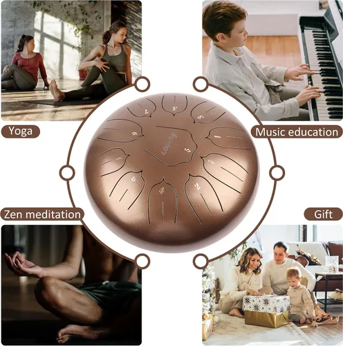 Vista 5 de Tambor de lengua de acero de 12 pulgadas, 11 notas para adultos, instrumento etéreo de metal para meditación y yoga con libro de música, mazos