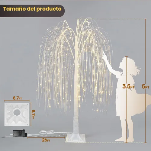 Vista 3 de Sauce llorón iluminado de 5 pies, 216 luces LED, árbol de sauce artificial