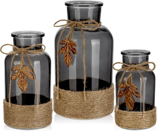 Vista 9 de Juego de 3 jarrones de vidrio transparente, jarrones de flores vintage, botellas de vidrio decorativas para centros de mesa, decoración de mesa