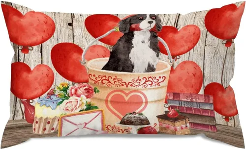 Vista 59 de Fundas de almohada lumbar con textura de madera rústica para perro en cubo, diseño de corazón rojo para el día de San Valentín, fundas de almohada