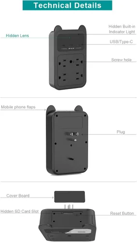 Vista 6 de Cámara con cargador USB, cámara pequeña WiFi, mini cámara inalámbrica nanny Full HD 2K, gran angular de 120° para seguridad interior discreta