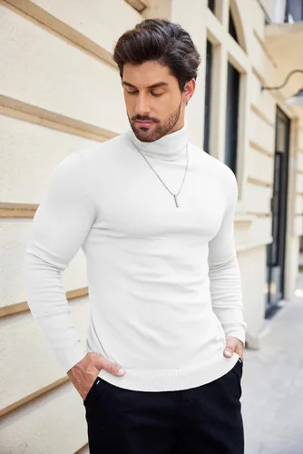 Vista 7 de COOFANDY Suéter de cuello alto ajustado para hombre, casual, básico, de manga larga, suéter de punto