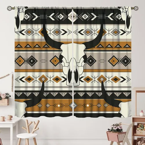 Vista 110 de Cortinas con patrón geométrico tribal, estilo suroeste, azteca, rústico, occidental, nativo americano, opacas, con bolsillo para barra, decoración