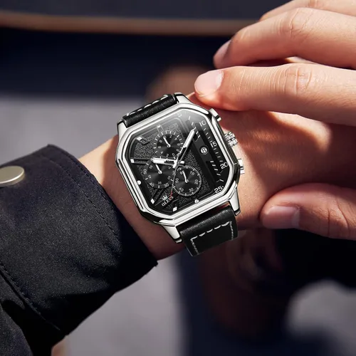 Vista 2 de OLEVS Chronograph Watch for Men, Men Leather Watch Big Face, Waterproof Men's Quartz Watch with Date, BlackWhiteGoldBlue Dial