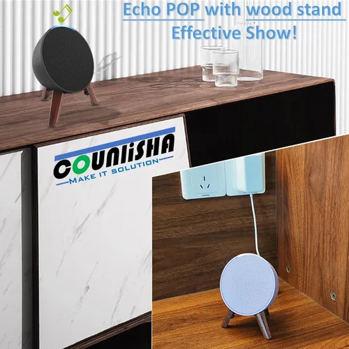 Vista 2 de Soporte de madera real para altavoz Echo Pop, soporte para accesorios de trípode, nogal