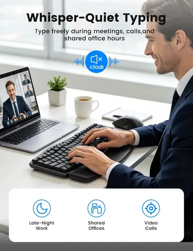 Vista 4 de SABLUTE Combo de teclado y mouse inalámbricos, onda ergonómica, silenciosa Negro