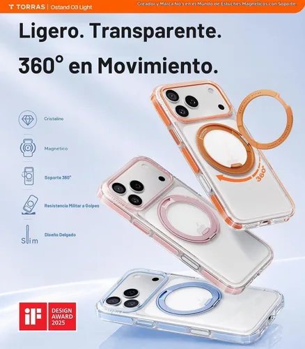 Vista 2 de TORRAS Funda con soporte magnético 360 para iPhone 17 Pro, ultra transparente, [compatible con MagSafe] [protección de grado militar 4X], funda