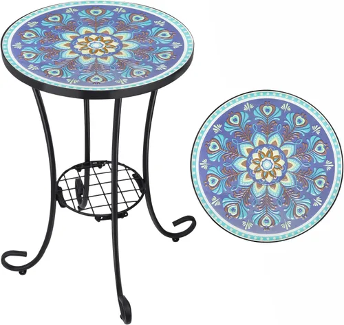 Vista 10 de VCUTEKA Mesa auxiliar de mosaico para exteriores, mesa de patio, mesa de decoración de mosaico, marco de metal, mesas auxiliares pequeñas, porche
