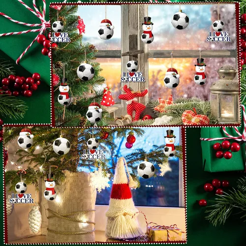 Vista 6 de Karenhi 24 adornos de pelota de fútbol de Navidad, adorno de muñeco de nieve de fútbol, bola de madera, adornos de árbol de Navidad, recortes