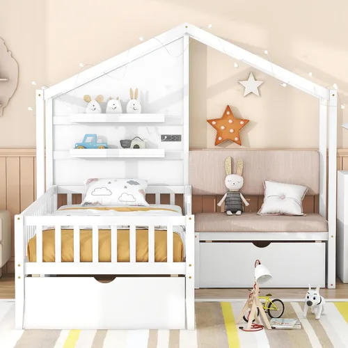Vista 23 de RUNNA Marco de cama de madera de tamaño matrimonial con valla, para niños, adolescentes, niñas, niños, (Natural-Thinck 4col)
