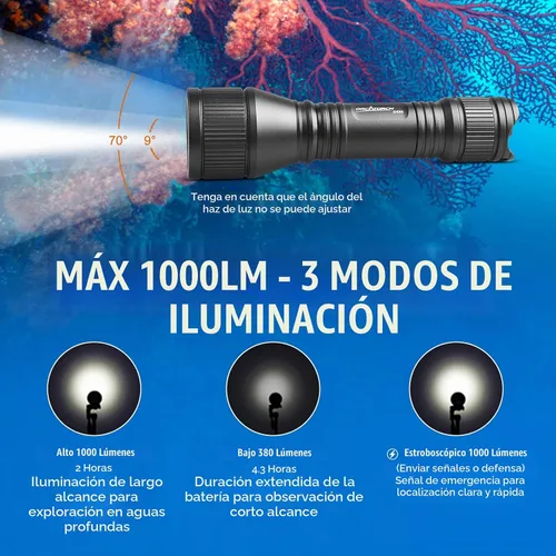 Vista 2 de ORCATORCH Luz de buceo manos libres D550 con correa para la muñeca y broche