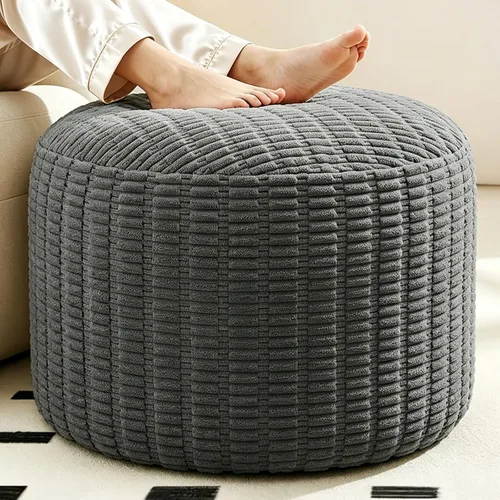 Vista 13 de Puf otomano redondo de pana para sala de estar, taburete relleno de espuma triturada de felpa suave, cómodo reposapiés Soft plush shredded foam