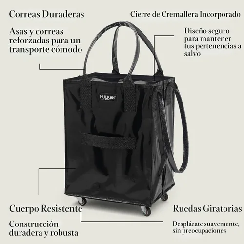 Vista 8 de (Mediano, Negro) Bolsa de Comestibles Reutilizable con Ruedas, Carrito de Compras, Bolsa Rodante, Cierre con Cremallera, Ligera, Soporta Hasta 66