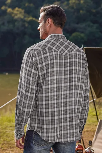 Vista 4 de COOFANDY Camisas vaqueras occidentales para hombre, de manga larga, casual, con botones, con bolsillos