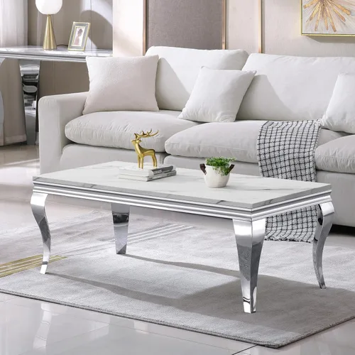 Vista 59 de SSLine Mesa de Centro Rectangular de Mármol Sintético para Sala de Estar, Mesa Central Moderna de Mármol Blanco de Lujo con Base Doble en Forma de U
