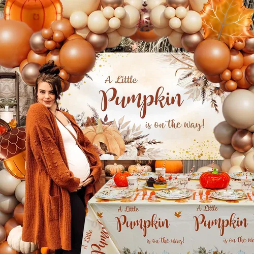 Vista 4 de MEHOFOND Telón de fondo de bebé bohemio de otoño, diseño de calabaza pequeña está en camino, fondo bohemio para fotografía de baby shower