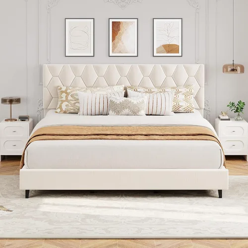 Vista 17 de GarveeHome Marco de Cama de Plataforma Tamaño Twin con Cabecera Tapizada y Soporte de Listones de Madera, Base de Colchón Tapizada/No Necesita Beige