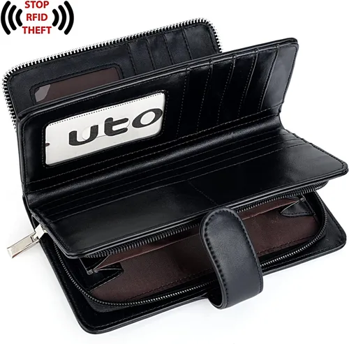Vista 5 de UTO Cartera de cuero vegano para mujer, cartera larga con broche de presión, tarjetero de crédito, elegante embrague