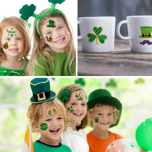 Vista 3 de CHARLENT Tatuajes temporales del día de San Patricio para suministros de fiesta de niños, 74 hojas individuales, tatuajes del día de San Patricio