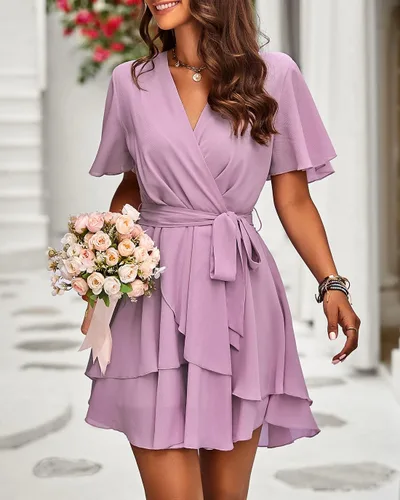 Vista 3 de BTFBM - Vestido corto de verano 2023 con cuello en V para mujer, manga corta, cintura alta, dobladillo con volantes, falso cruce