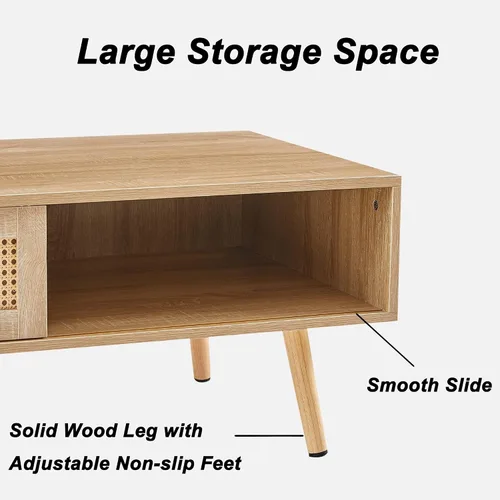 Vista 6 de Mid Century Modern Coffee Table with Storage, 41.3 Inch Rectangle Wooden Accent Center Tables with Sliding PE Rattan Woven Door Panel and Solid Wood