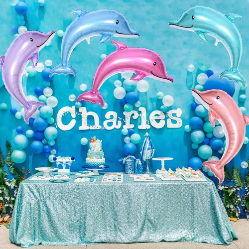 Vista 4 de 5 Globos Gigantes de Delfín, Globos de Lámina Metálica Mylar de Delfín Salpicadura de 46 Pulgadas, Animales Oceánicos para Fiesta de Cumpleaños
