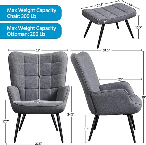 Vista 3 de Yaheetech Juego de 2 sillas decorativas con otomana, moderno sillón y reposapiés con respaldo alto y patas de metal, silla de salón y otomana
