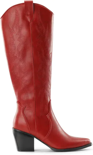 Vista 2 de DREAM PAIRS Botas vaqueras para mujer, cómodas, con cremallera, tacón grueso, puntera puntiaguda, bordadas, vaquera occidental, botas altas hasta