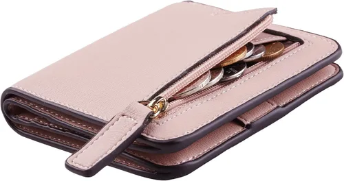 Vista 11 de Toughergun Cartera pequeña de cuero delgada para mujer con protección RFID, mini monedero bifold compacto con ventana de identificación transparente