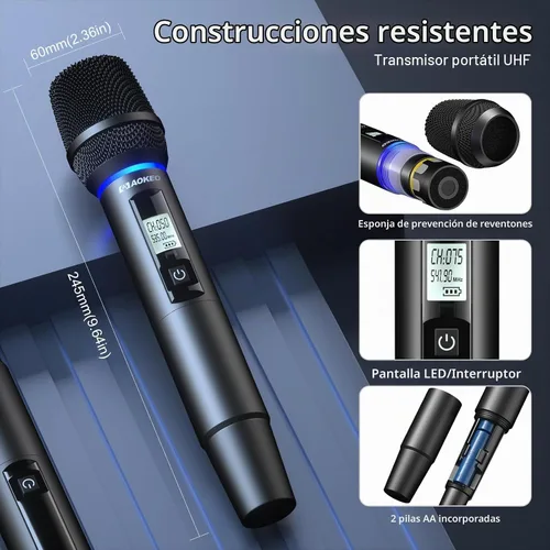 Vista 4 de Aokeo Sistema de micrófonos inalámbricos, micrófonos inalámbricos UHF de 4 canales, con 4 micrófonos dinámicos de mano, receptor de metal para Marrón