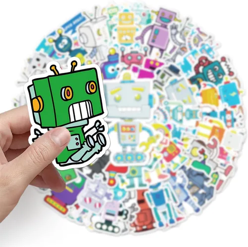 Vista 4 de 50 calcomanías de robot bonitas, calcomanías impermeables de vinilo con temática científica para computadora, patineta, laptop, botella de agua