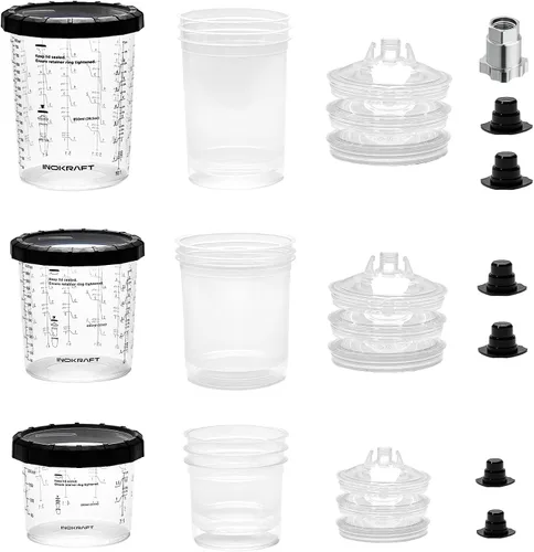 Vista 9 de InoKraft Copa para Pistola de Pintura Desechable, Kit Mini de 6 Onzas (180ml) con 6 Copas y Tapas, 1 Copa Rígida con Anillo Retenedor, 3 Tapones