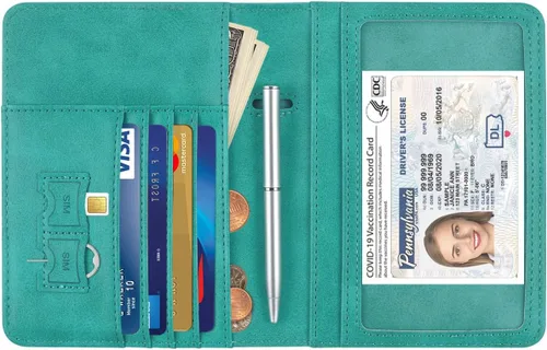 Vista 4 de HOTCOOL Funda de cuero con bloqueo RFID para pasaporte, funda de viaje para pasaporte, E Upgrade - A - Verde manzana, Correa elástica - Actualización