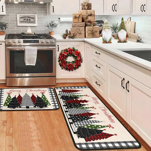 Vista 10 de Alfombras de cocina de cuadros de búfalo con gnomos de árbol negros, juego de 2, Merry Christmas, decoración de piso de perfil bajo para fiestas