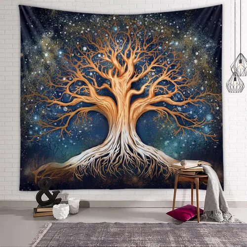 Vista 2 de Tapzen Tapiz de árbol de la vida con diseño de estrella para dormitorio, diseño de bosque natural, para colgar en la pared, galaxia hippie, bohemio