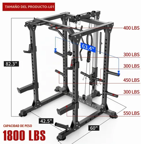 Vista 3 de Power Cage - Rack de Potencia Multifunción con Sistema de Cruce de Cables, Rack para Sentadillas de Capacidad de 1800 LBS con Banco de Pesas