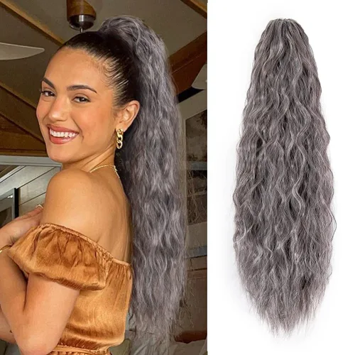 Vista 11 de YEAME Extensión de cola de caballo ondulada con clip de garra, cola de caballo de 22 pulgadas, pelo sintético castaño mezclado con rubio, cola