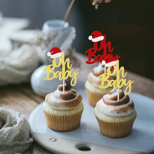 Vista 7 de Rsstarxi Paquete de 24 Adornos para Cupcakes Oh Baby de Navidad con Purpurina, Sombreros de Navidad, Palillos para Cupcakes de Baby Shower para Baby