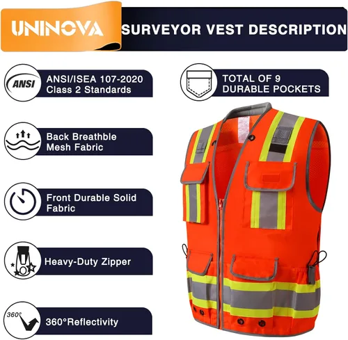 Vista 2 de Surveyor Safety Vest Reflective for Men,Class 2 Heavy Duty Safety Vests Reflective with Pockets and Zipper