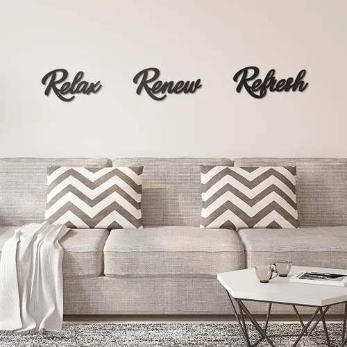 Vista 6 de 3 piezas de decoración de baño, letrero de baño de madera, letrero de "Relax, Renew, Refresh" (negro)