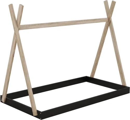 Vista 5 de Cama de madera con dosel de casa de tamaño individual con valla triangular, base de cama individual para dormitorio, niños, niñas, adolescentes