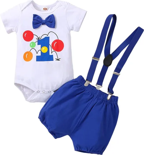 Vista 25 de IDOPIP Traje formal para bebé niño para el primer cumpleaños de Cake Smash con corbatín y tirantes y pantalones cortos para sesión de fotos