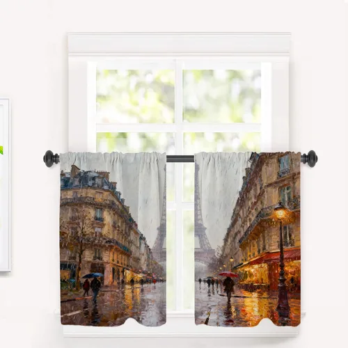 Vista 12 de Cortinas opacas de cocina con pintura al óleo de Europa rosa y negra para ventanas, cenefas opacas modernas de torre Eiffel de poliéster multicapa