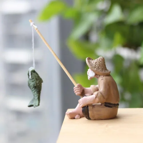 Vista 5 de 1 figura de pescador en miniatura, adorno de anciano de pesca, estatua de jardín sentado con lodo chino, estatuas al aire libre