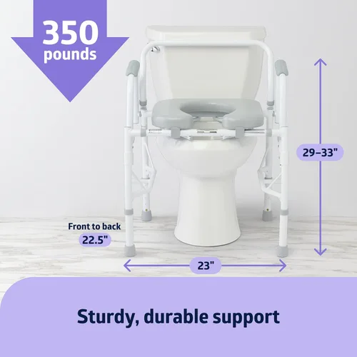 Vista 4 de Medline Cómoda de brazo abatible para adultos y personas mayores, asiento acolchado, orinal extraíble, protector contra salpicaduras, brazos